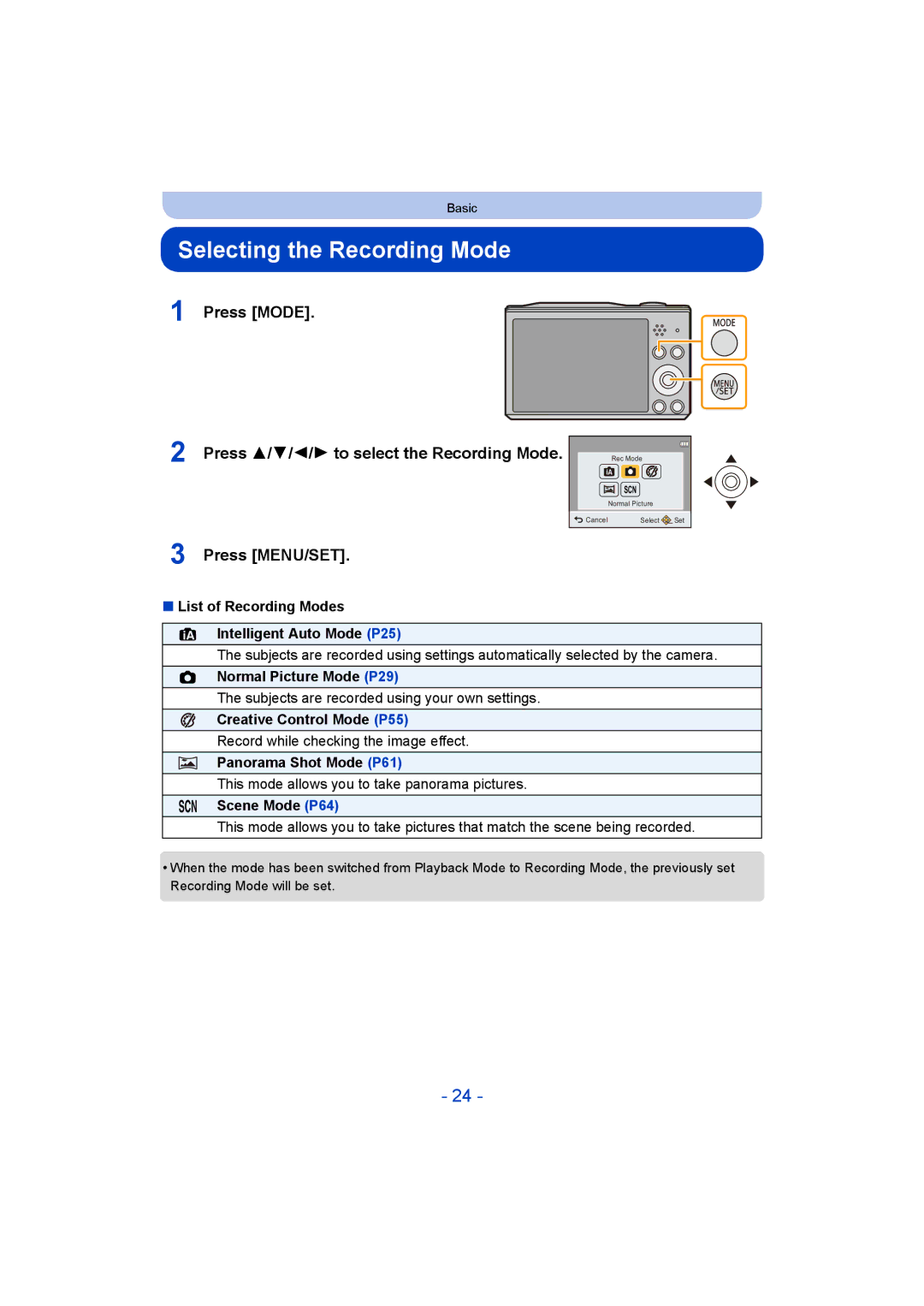 Panasonic DMC-SZ8 Selecting the Recording Mode, Press Mode Press 3/ 4/ 2/ 1 to select the Recording Mode, Press MENU/SET 