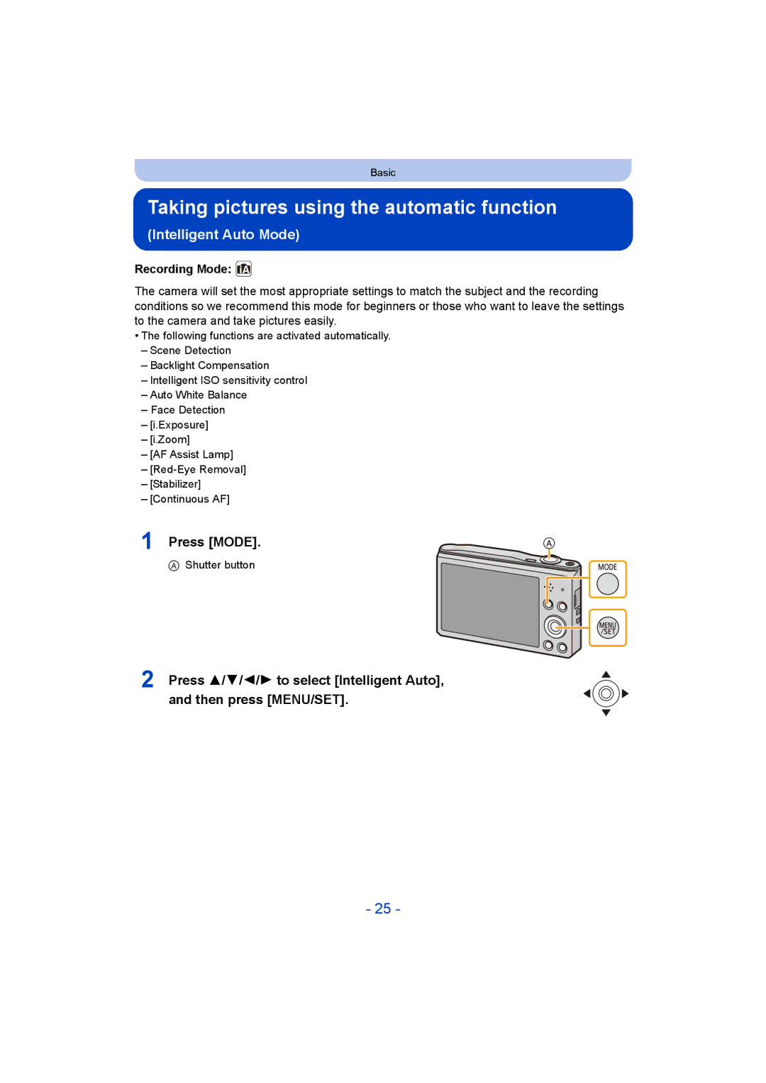 Panasonic DMC-SZ8 operating instructions Taking pictures using the automatic function, Press Mode, Recording Mode 