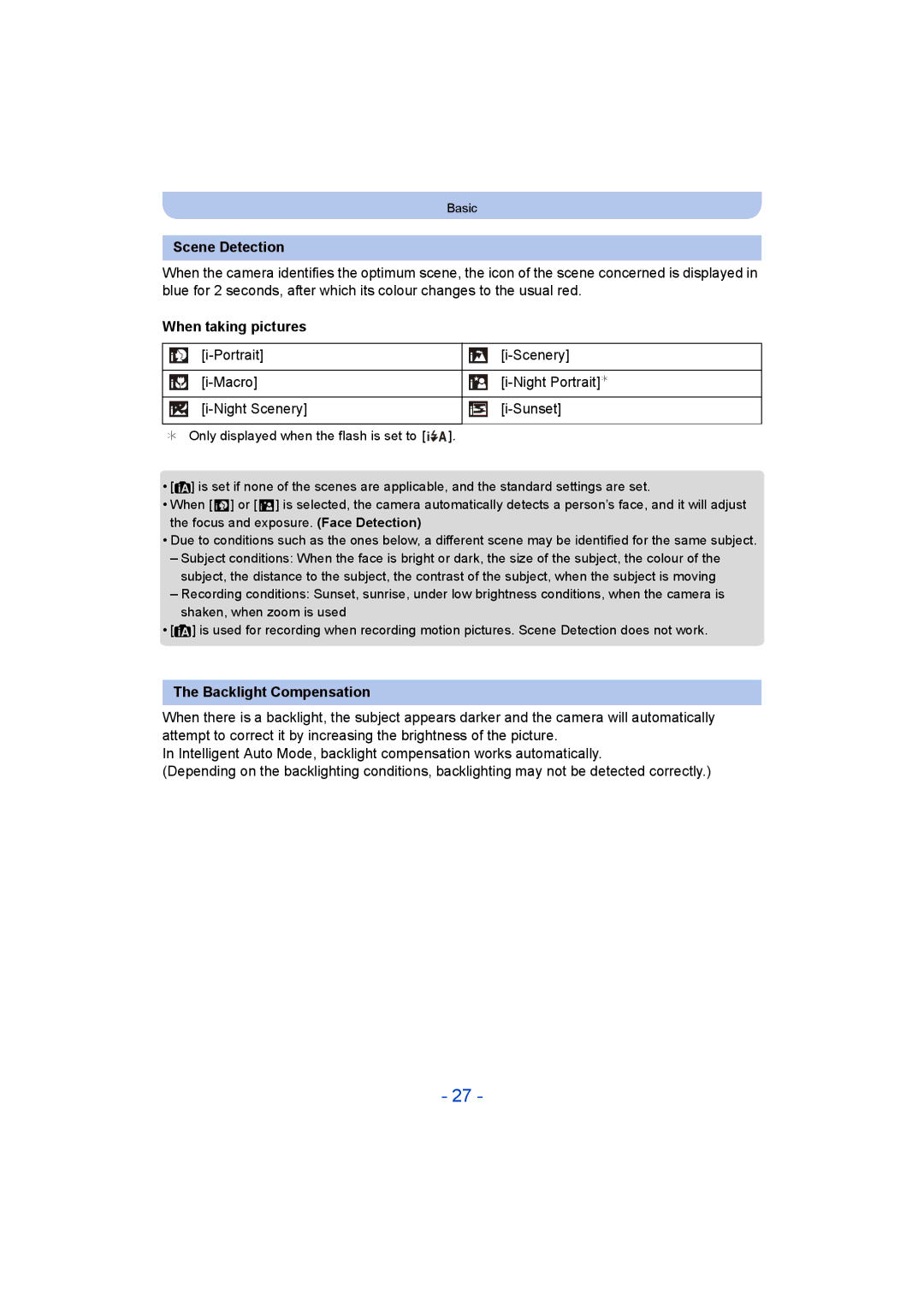 Panasonic DMC-SZ8 operating instructions Scene Detection, When taking pictures, Backlight Compensation 