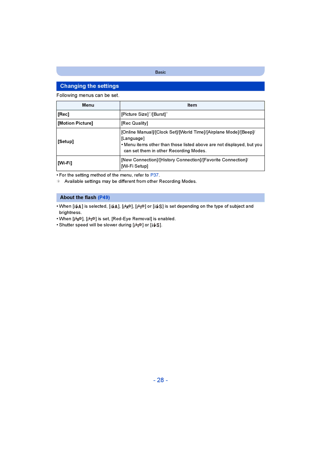 Panasonic DMC-SZ8 operating instructions Changing the settings, Following menus can be set, About the flash P49 