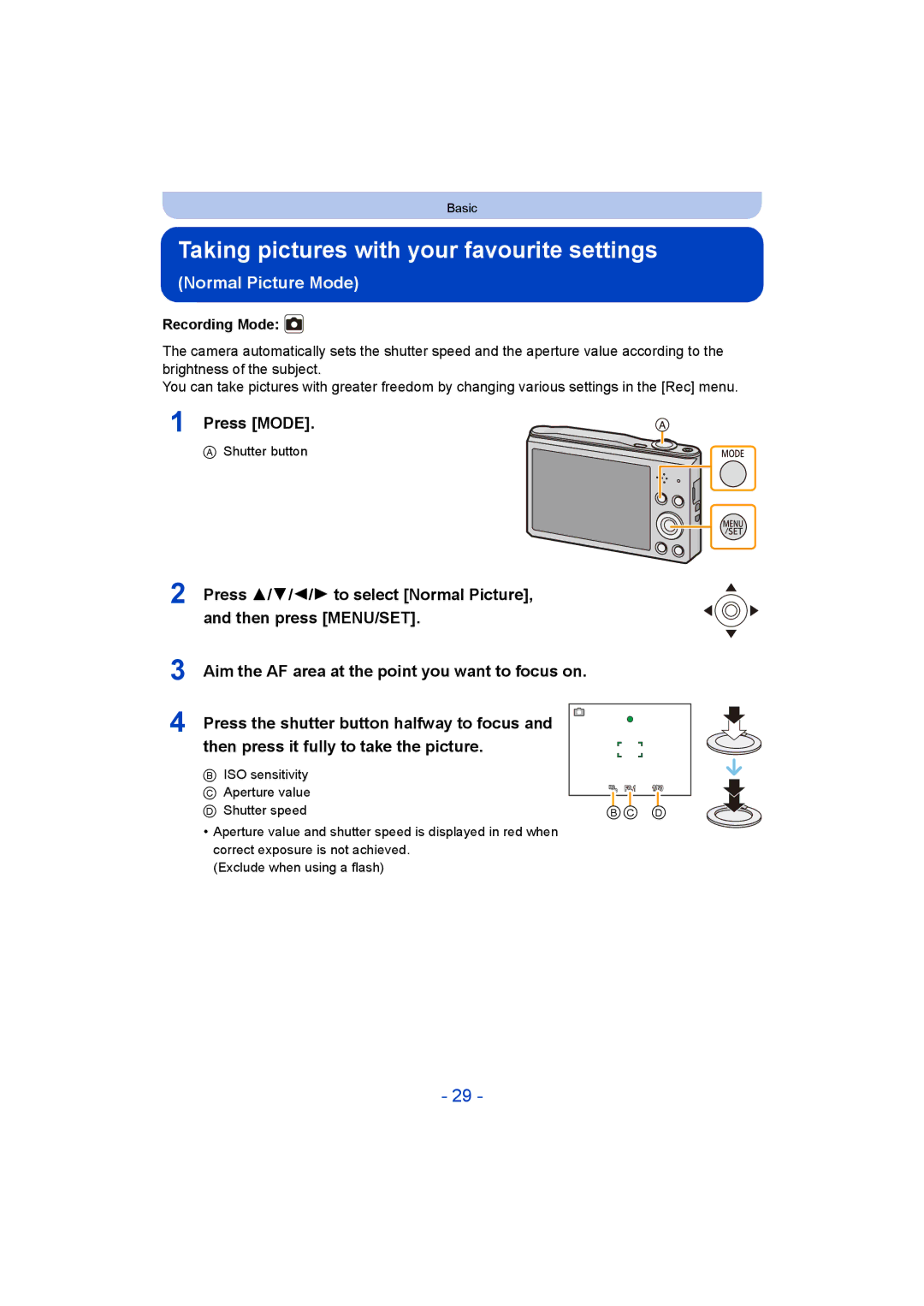 Panasonic DMC-SZ8 operating instructions Taking pictures with your favourite settings, Normal Picture Mode 