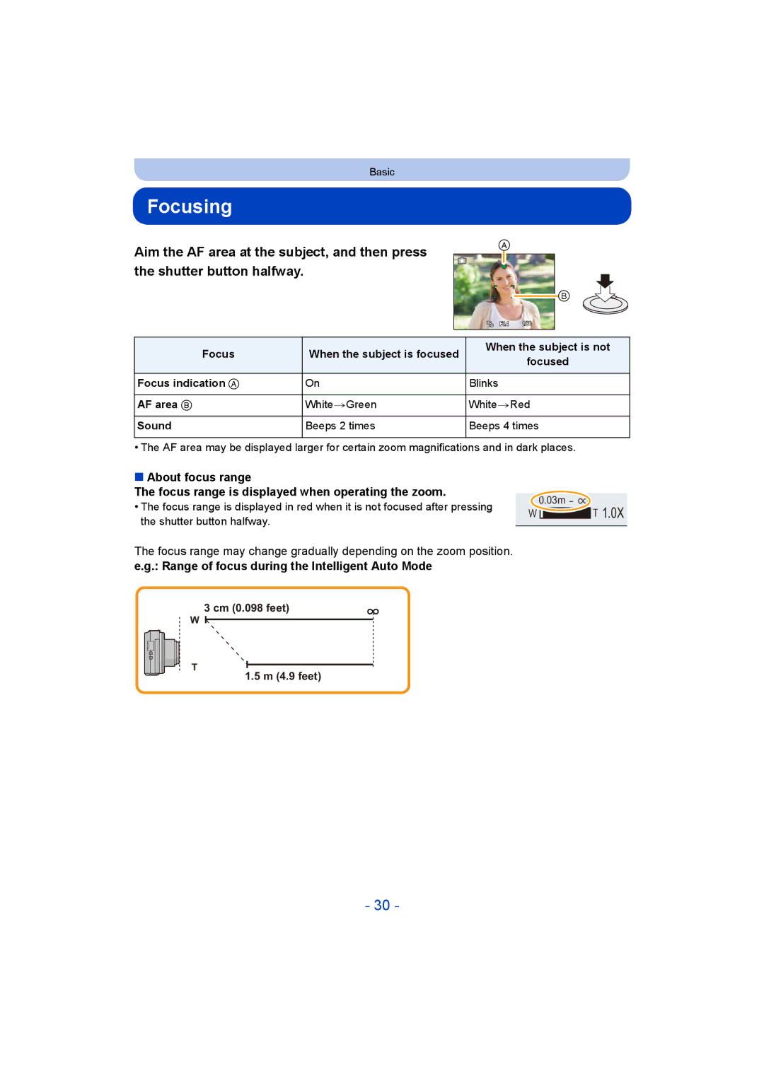 Panasonic DMC-SZ8 operating instructions Focusing, Range of focus during the Intelligent Auto Mode, AF area B, Sound 