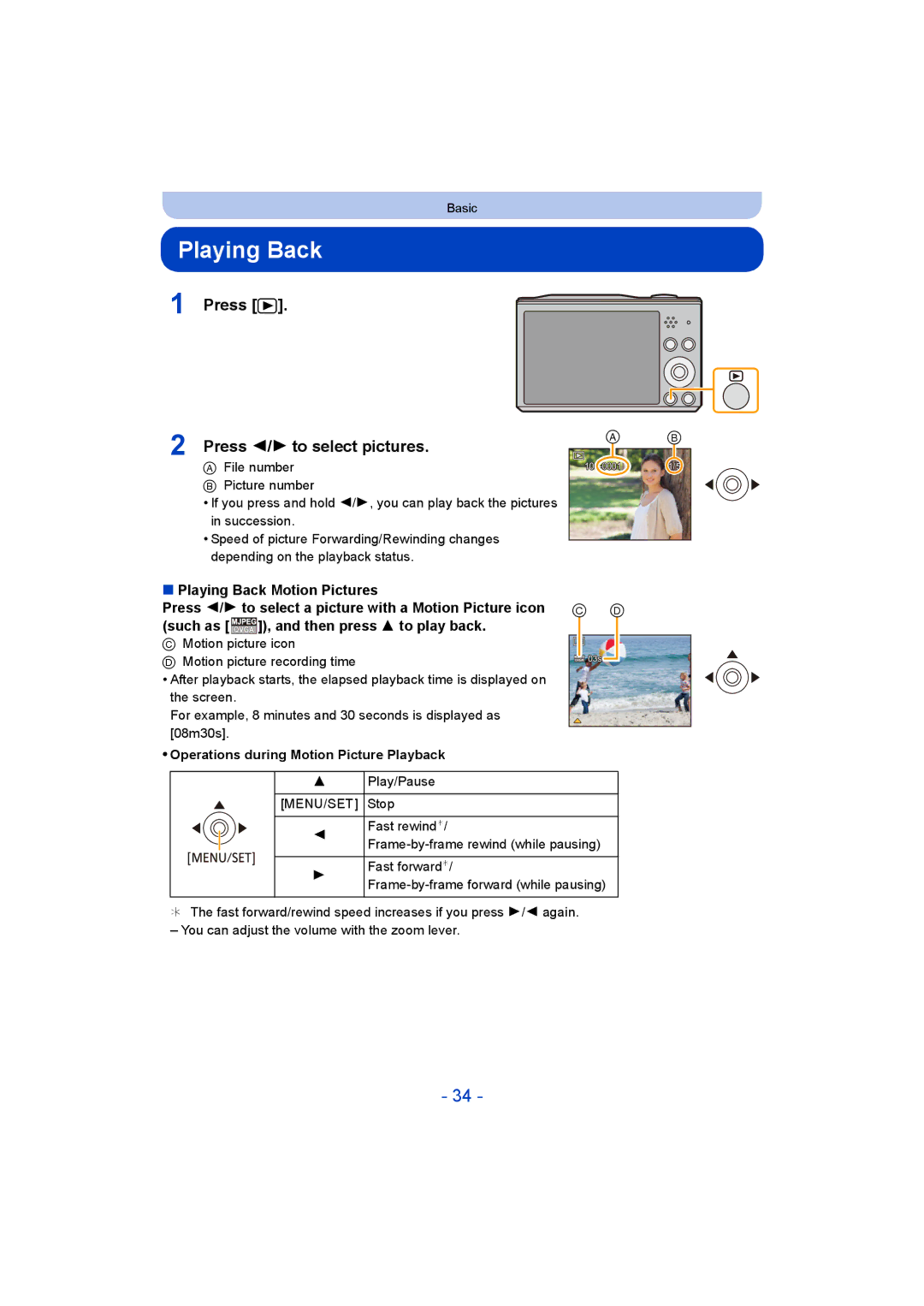 Panasonic DMC-SZ8 operating instructions Press Press 2/1 to select pictures, Playing Back Motion Pictures 