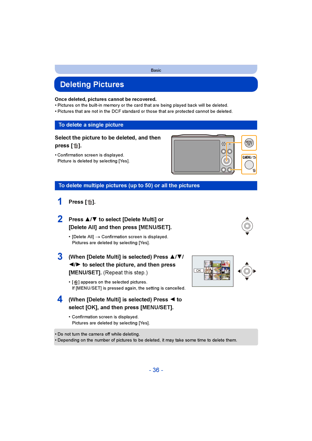 Panasonic DMC-SZ8 Deleting Pictures, To delete a single picture, To delete multiple pictures up to 50 or all the pictures 