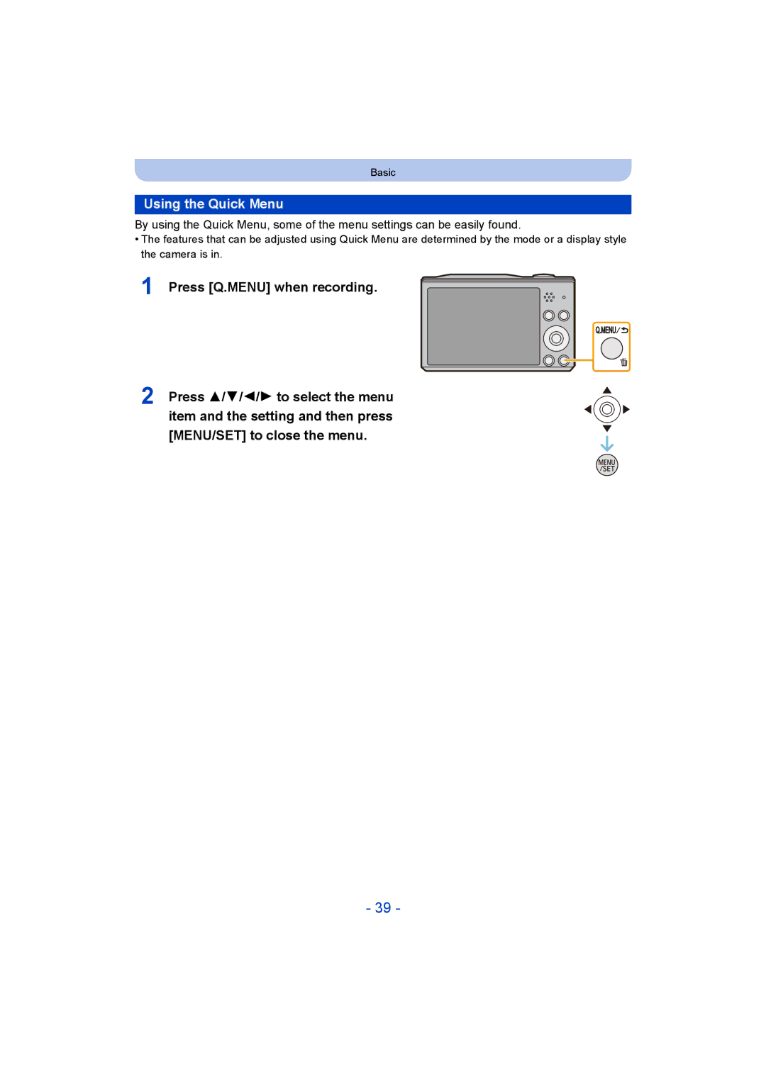 Panasonic DMC-SZ8 operating instructions Using the Quick Menu 