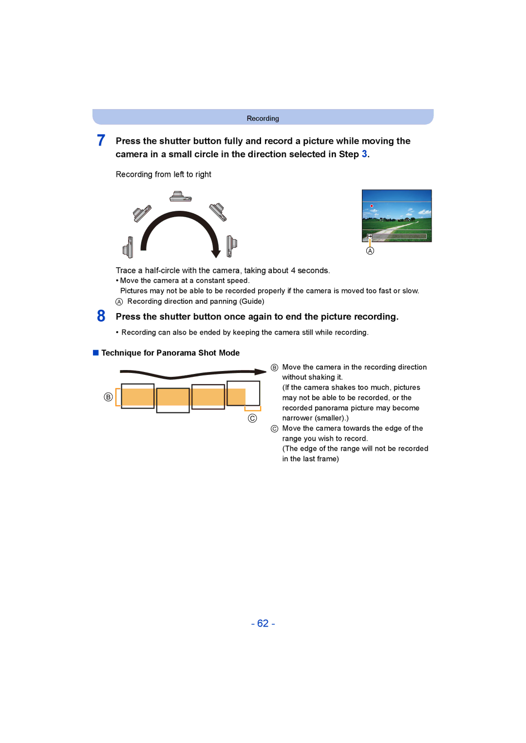 Panasonic DMC-SZ8 operating instructions Technique for Panorama Shot Mode 