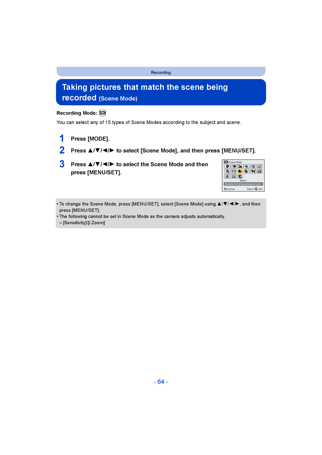 Panasonic DMC-SZ8 operating instructions Taking pictures that match the scene being recorded, Recording Mode 