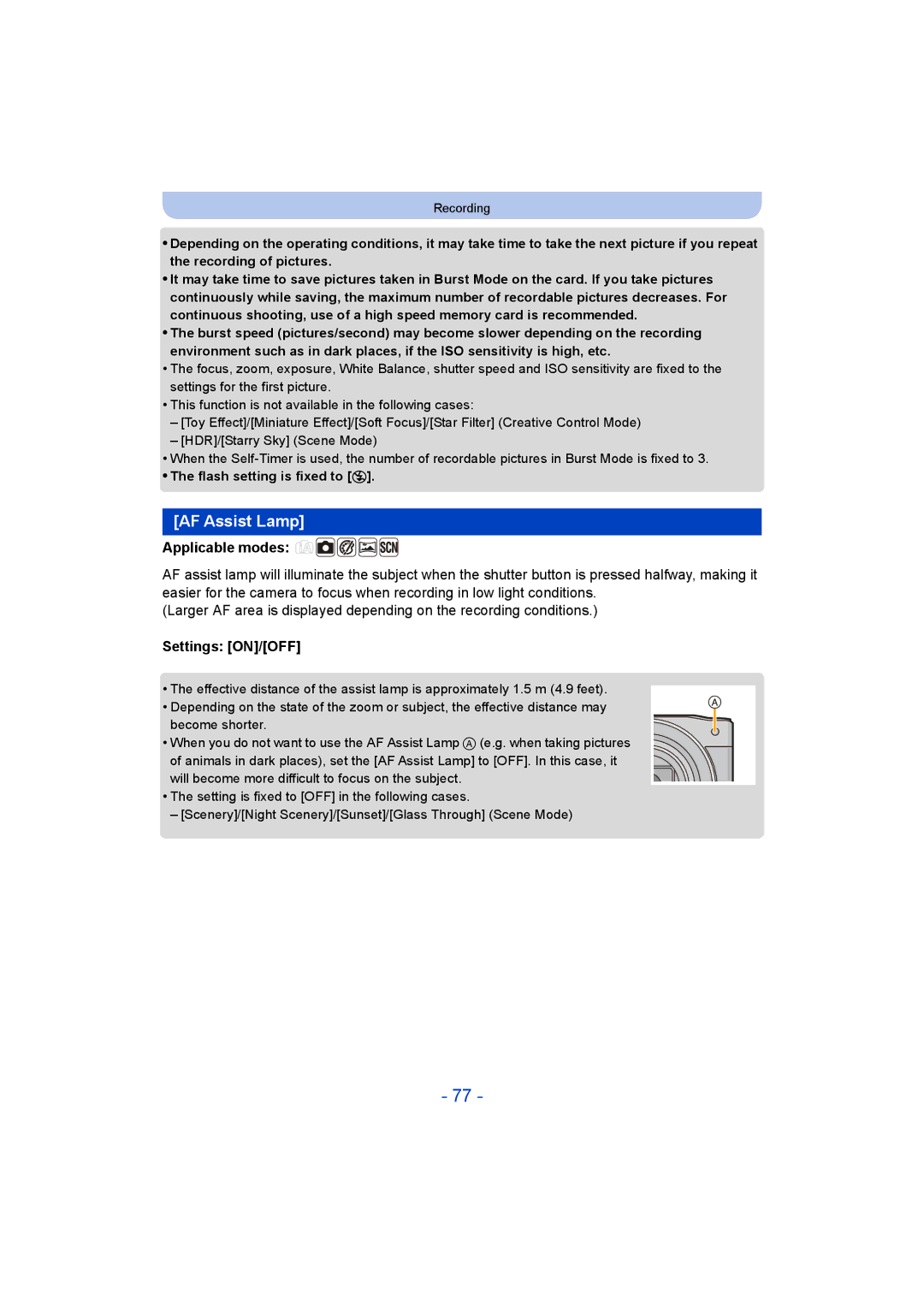 Panasonic DMC-SZ8 operating instructions AF Assist Lamp, Flash setting is fixed to Œ 