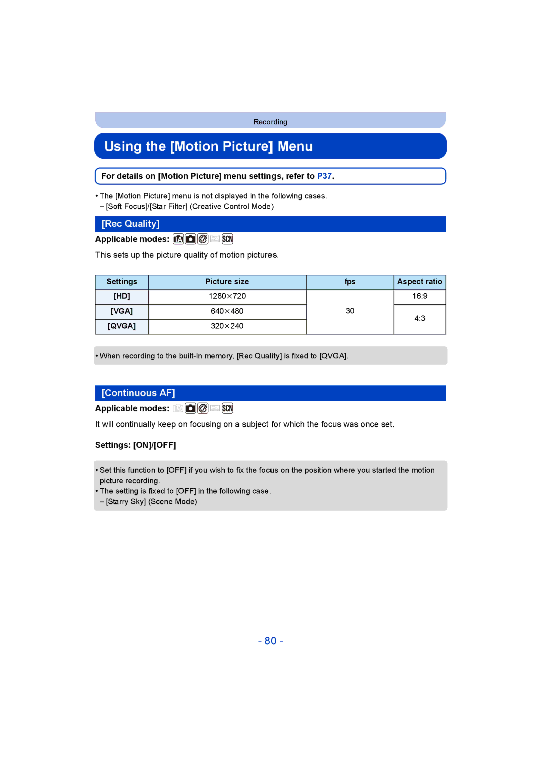 Panasonic DMC-SZ8 operating instructions Using the Motion Picture Menu, Rec Quality, Continuous AF 