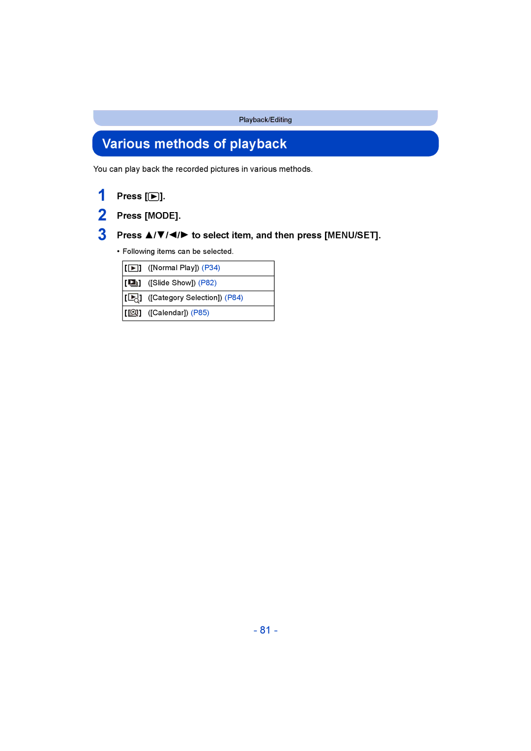 Panasonic DMC-SZ8 Various methods of playback, You can play back the recorded pictures in various methods 