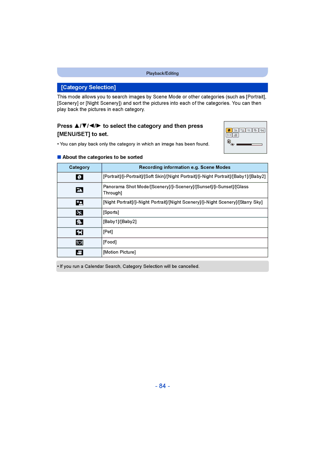 Panasonic DMC-SZ8 Category Selection, About the categories to be sorted, Category Recording information e.g. Scene Modes 