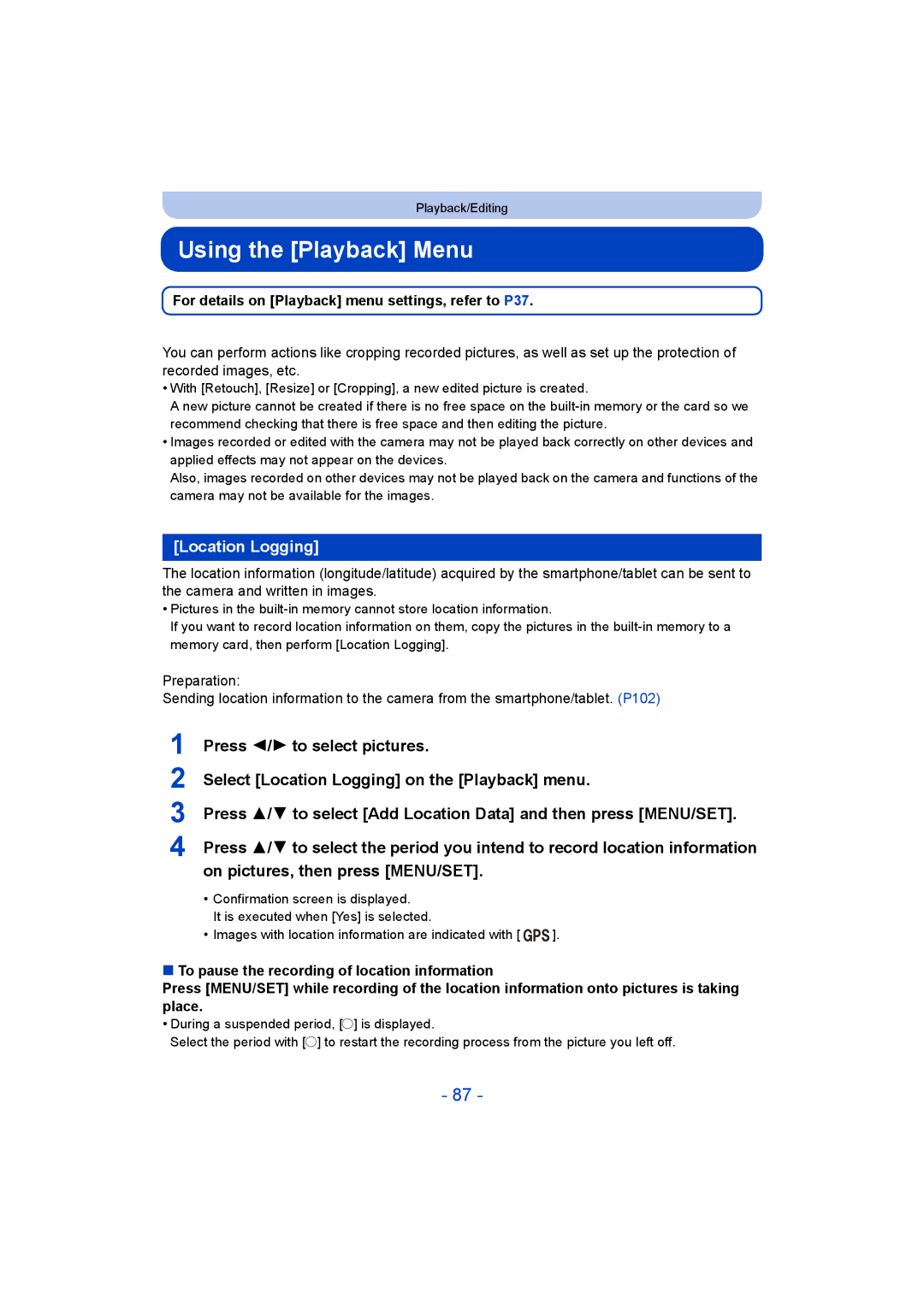 Panasonic DMC-SZ8 Using the Playback Menu, Location Logging, For details on Playback menu settings, refer to P37 