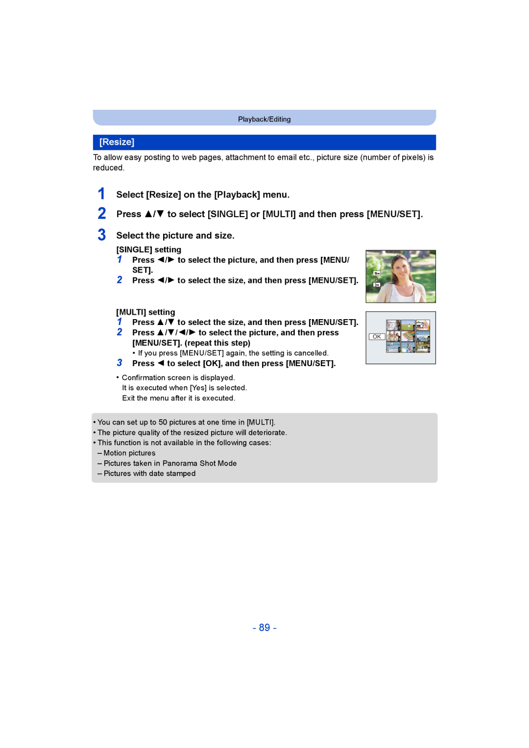 Panasonic DMC-SZ8 operating instructions Resize, Press 2 to select OK, and then press MENU/SET 