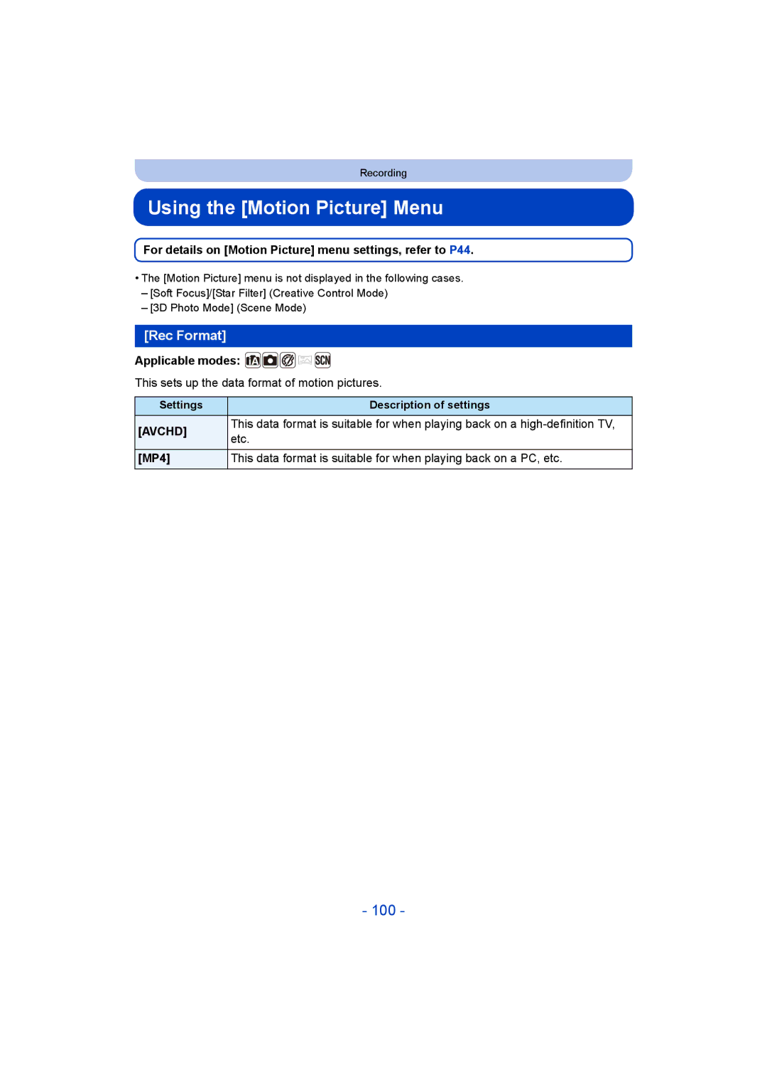 Panasonic DMC-SZ9 manual Using the Motion Picture Menu, 100, Rec Format 