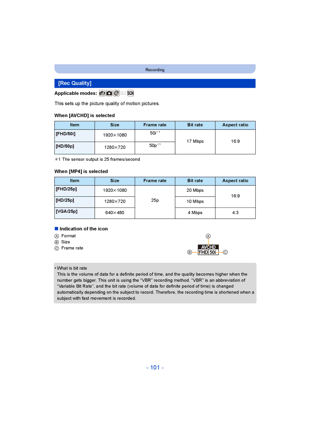 Panasonic DMC-SZ9 manual 101, Rec Quality, When Avchd is selected, When MP4 is selected, Indication of the icon 