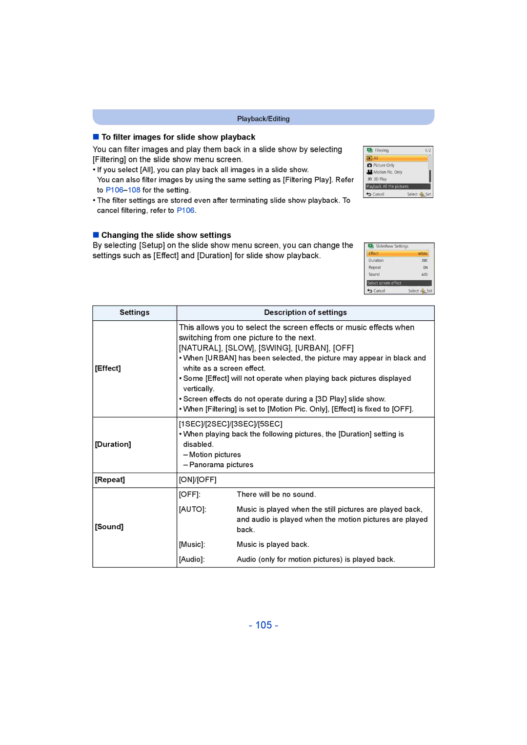 Panasonic DMC-SZ9 manual 105, To filter images for slide show playback, Changing the slide show settings 