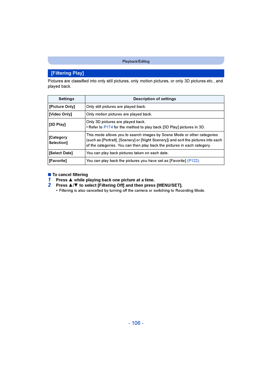 Panasonic DMC-SZ9 manual 106, Filtering Play, Selection 