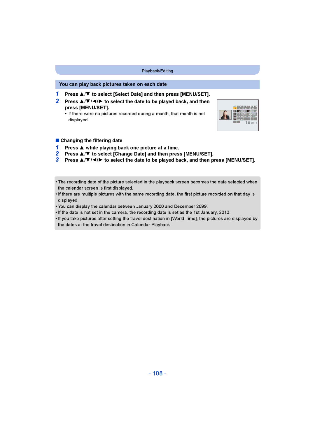 Panasonic DMC-SZ9 manual 108, Changing the filtering date 