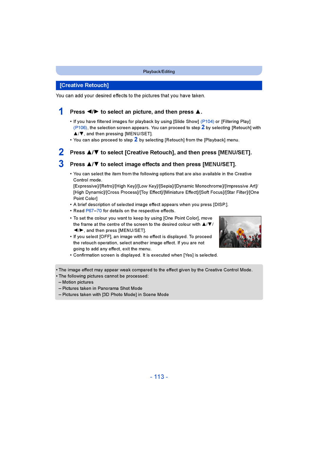 Panasonic DMC-SZ9 manual 113, Creative Retouch, Press 2/1 to select an picture, and then press 