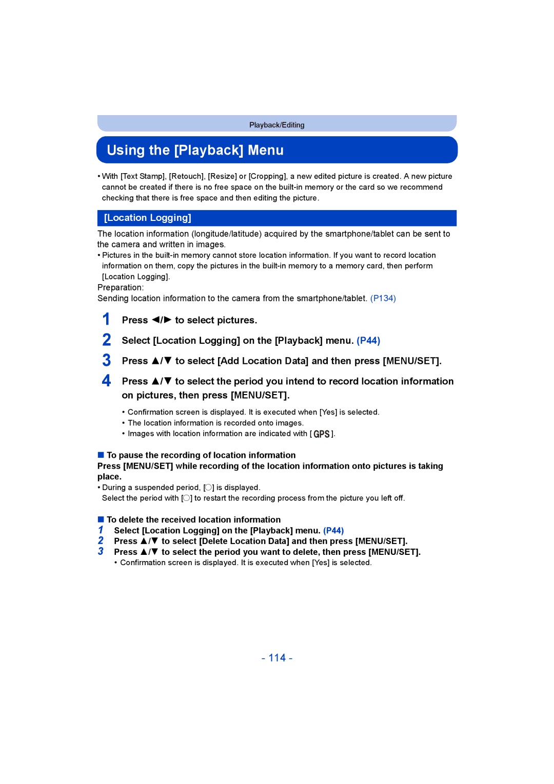 Panasonic DMC-SZ9 manual Using the Playback Menu, 114, Location Logging 