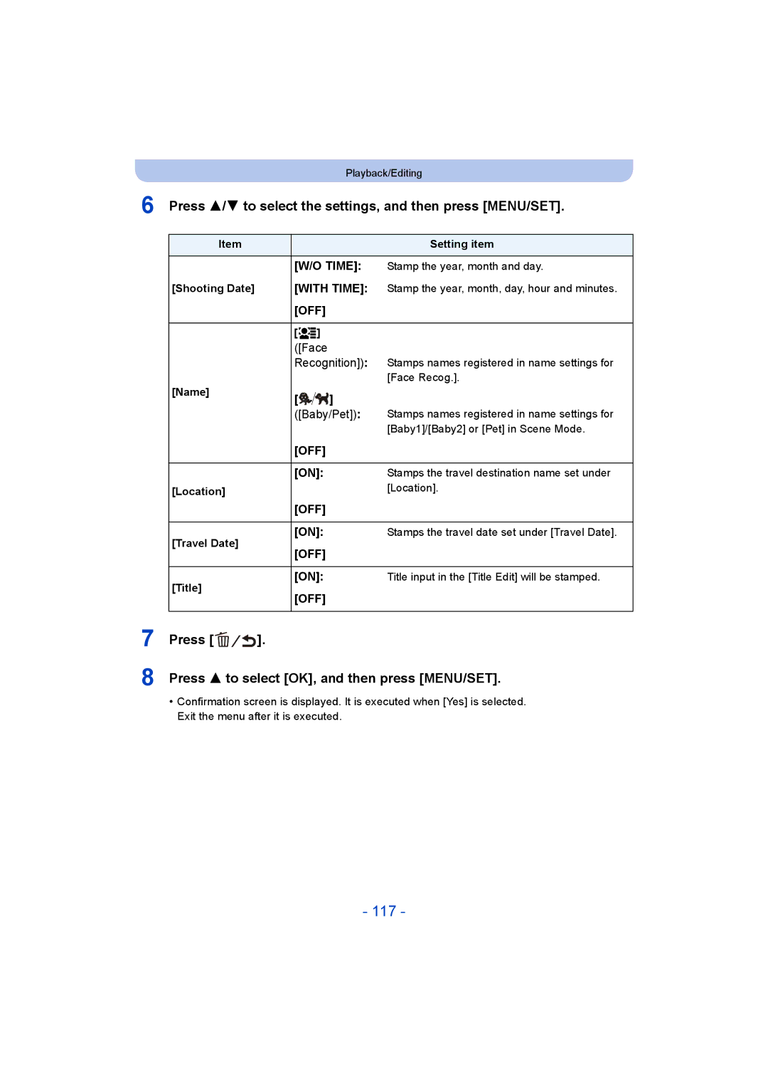 Panasonic DMC-SZ9 manual 117, Press 3/4 to select the settings, and then press MENU/SET, Face Recognition, Baby/Pet 