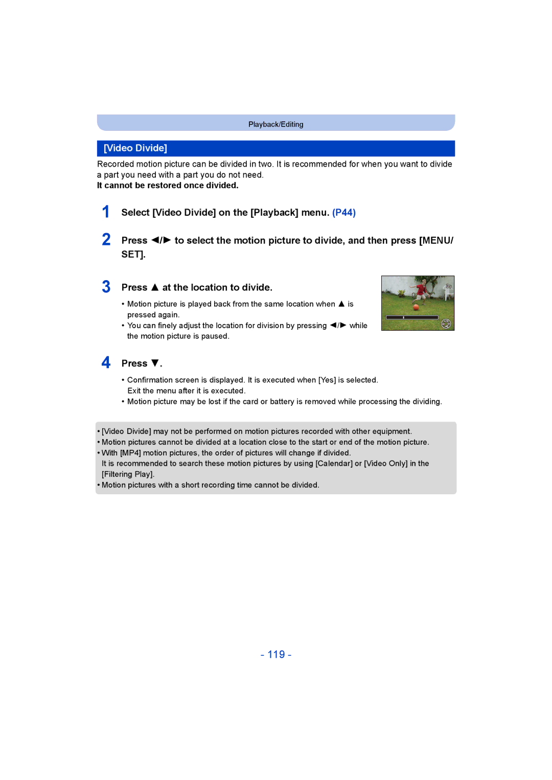 Panasonic DMC-SZ9 manual 119, Video Divide, Press 3 at the location to divide, It cannot be restored once divided 