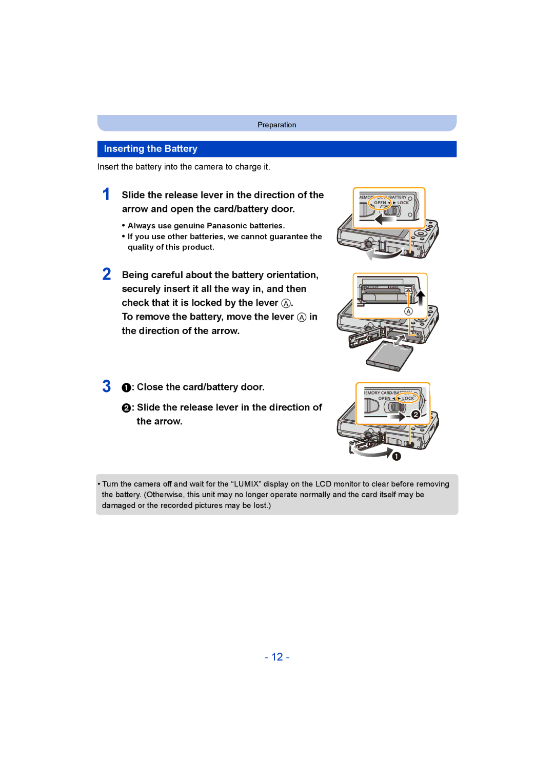 Panasonic DMC-SZ9 manual Inserting the Battery 