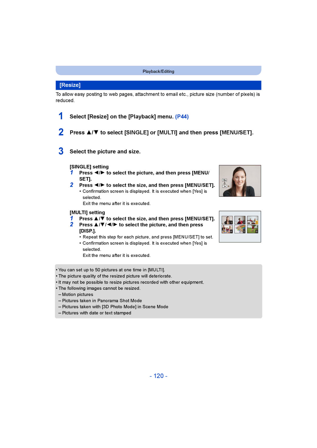Panasonic DMC-SZ9 manual 120, Resize, Multi setting, Press 3/4/2/1 to select the picture, and then press Disp 