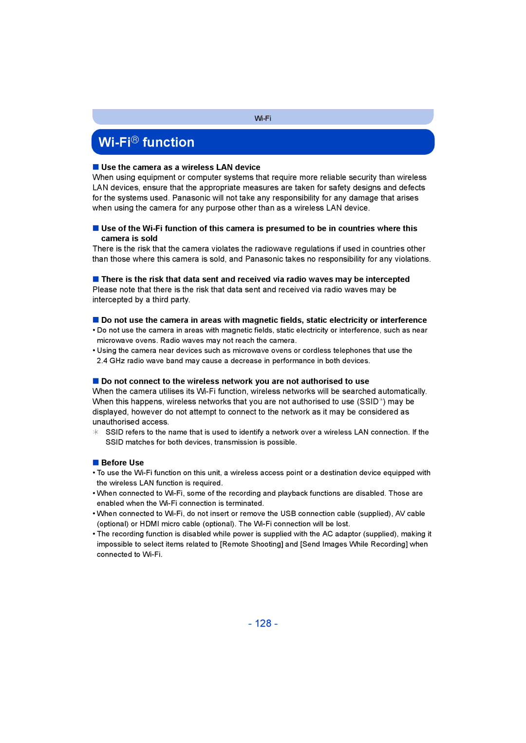 Panasonic DMC-SZ9 manual Wi-FiRfunction, 128, Use the camera as a wireless LAN device, Before Use 