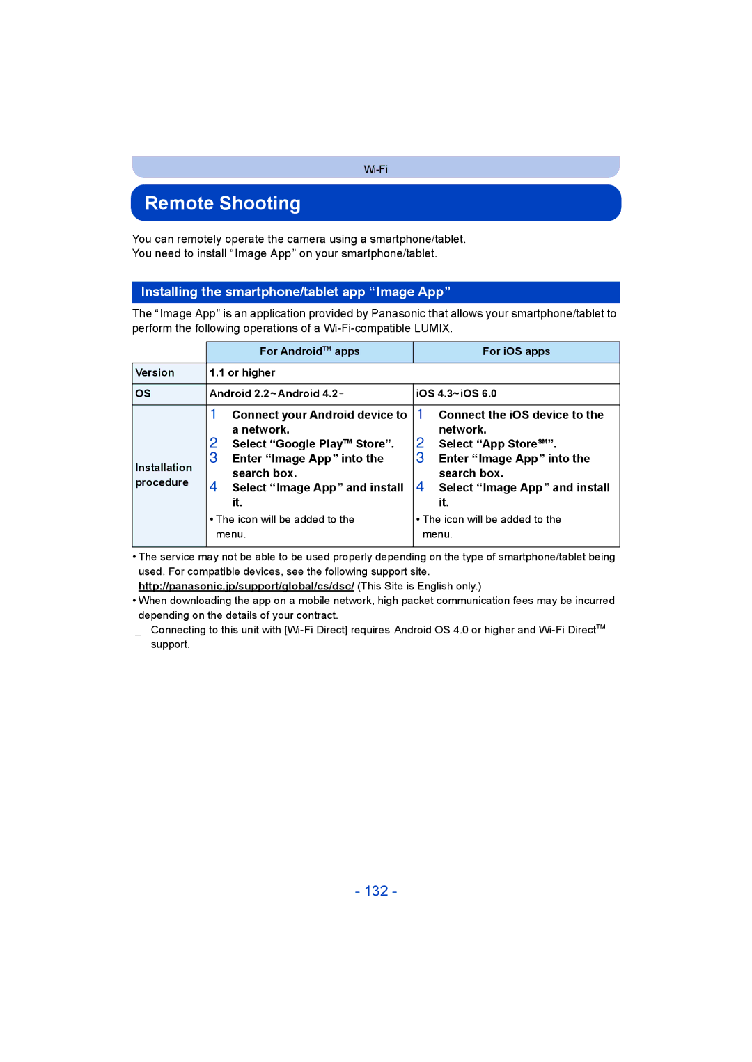 Panasonic DMC-SZ9 manual Remote Shooting, 132, Installing the smartphone/tablet app Image App 