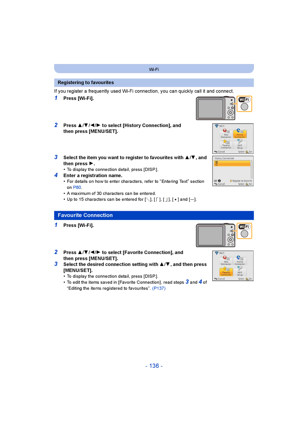 Panasonic DMC-SZ9 manual 136, Favourite Connection, Registering to favourites, Enter a registration name 