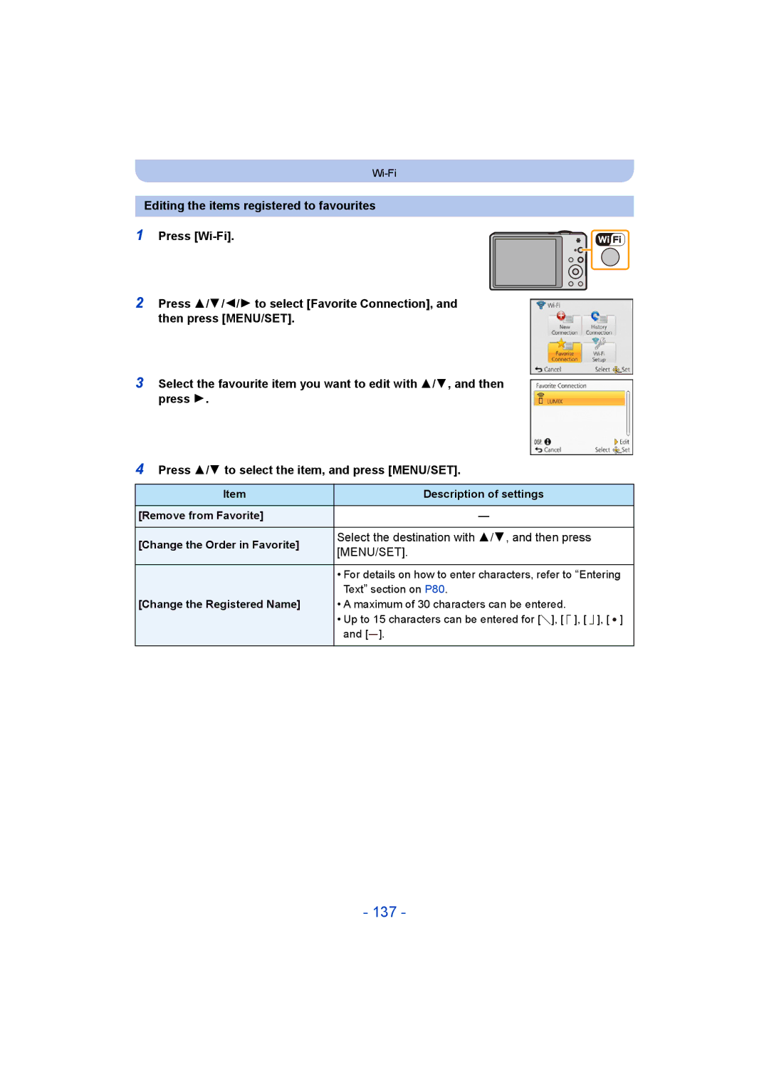 Panasonic DMC-SZ9 137, Select the destination with 3/4, and then press, Remove from Favorite Change the Order in Favorite 