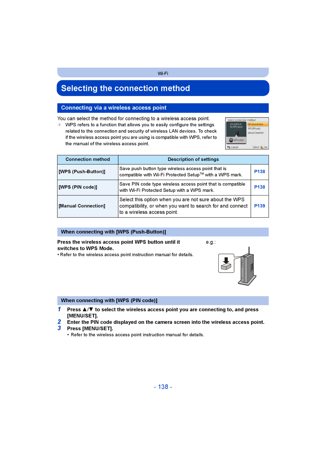 Panasonic DMC-SZ9 manual Selecting the connection method, 138, Connecting via a wireless access point, Press MENU/SET 