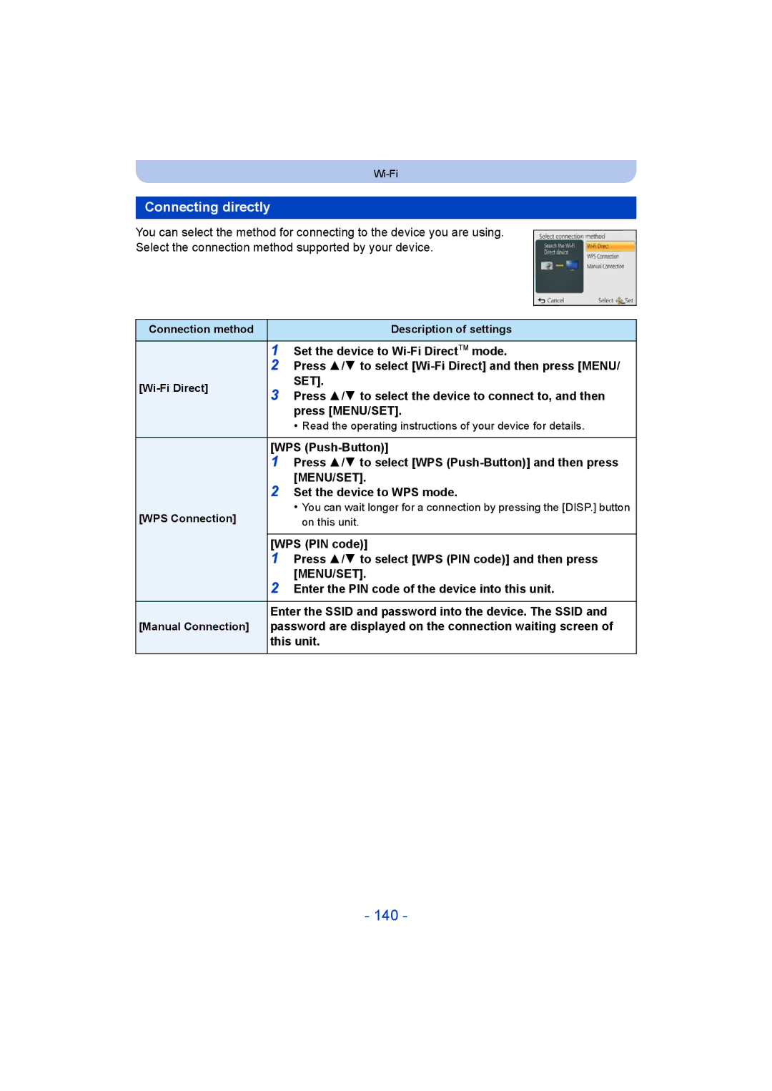 Panasonic DMC-SZ9 manual 140, Connecting directly 