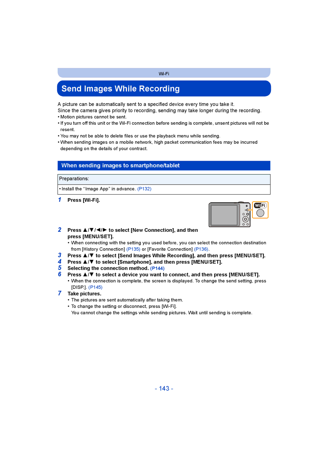 Panasonic DMC-SZ9 manual Send Images While Recording, 143, When sending images to smartphone/tablet, Take pictures 