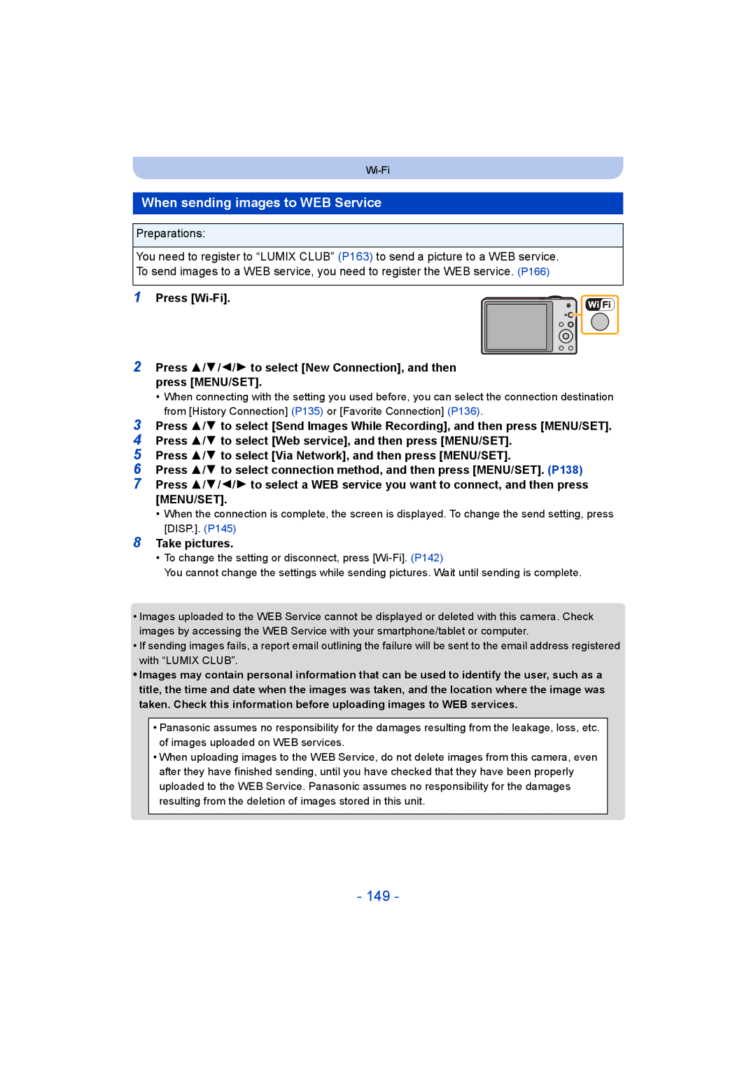 Panasonic DMC-SZ9 manual 149, When sending images to WEB Service 