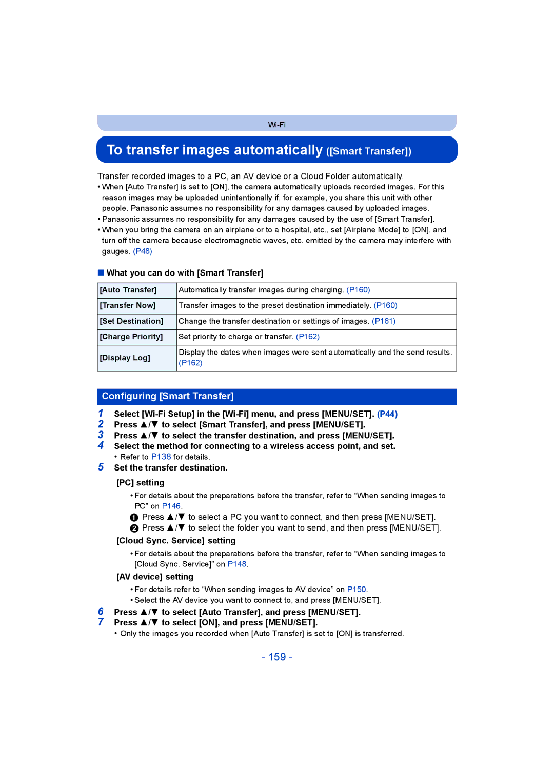 Panasonic DMC-SZ9 manual To transfer images automatically Smart Transfer, 159, Configuring Smart Transfer 