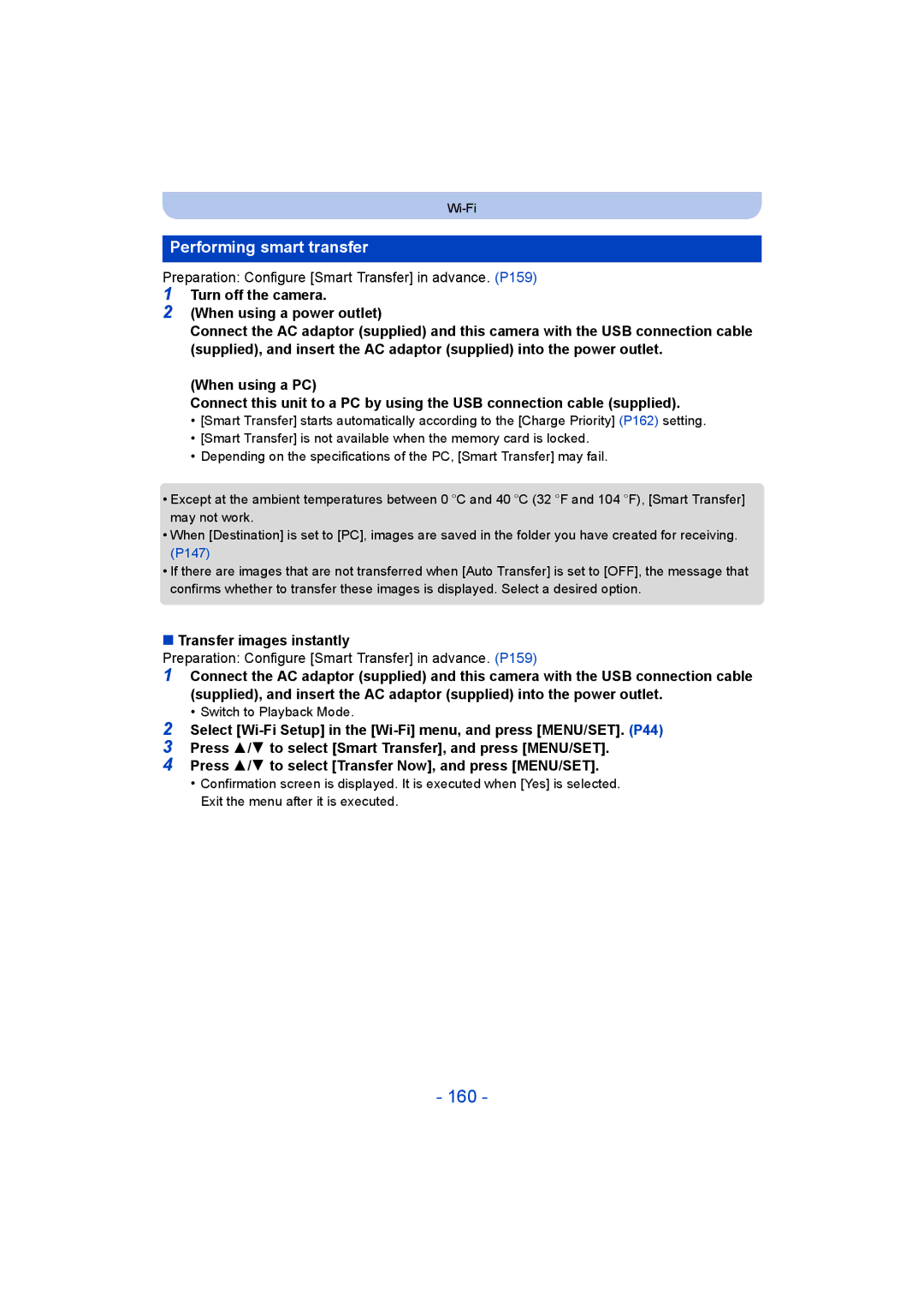 Panasonic DMC-SZ9 manual 160, Performing smart transfer, Preparation Configure Smart Transfer in advance. P159 