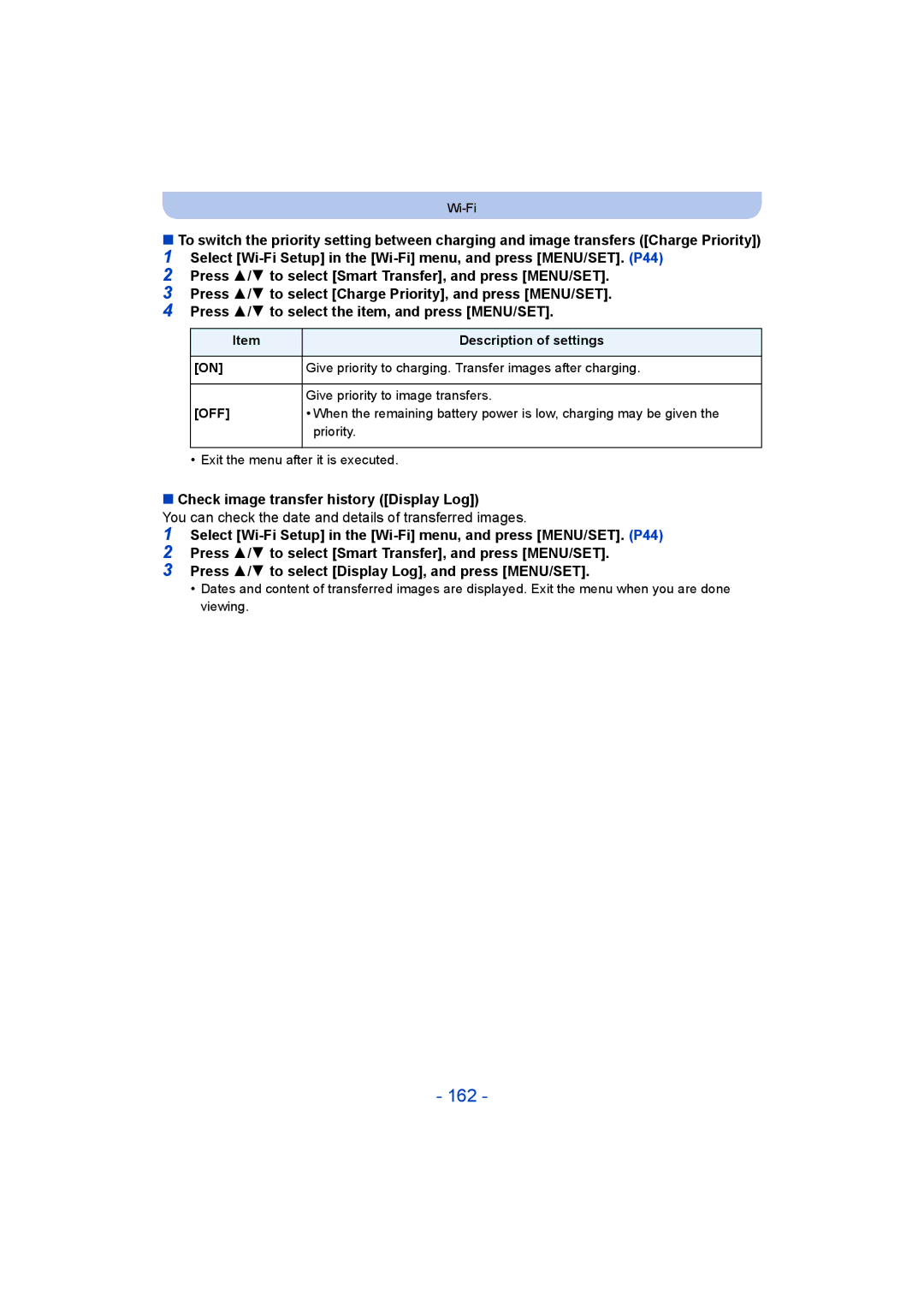 Panasonic DMC-SZ9 162, Check image transfer history Display Log, You can check the date and details of transferred images 