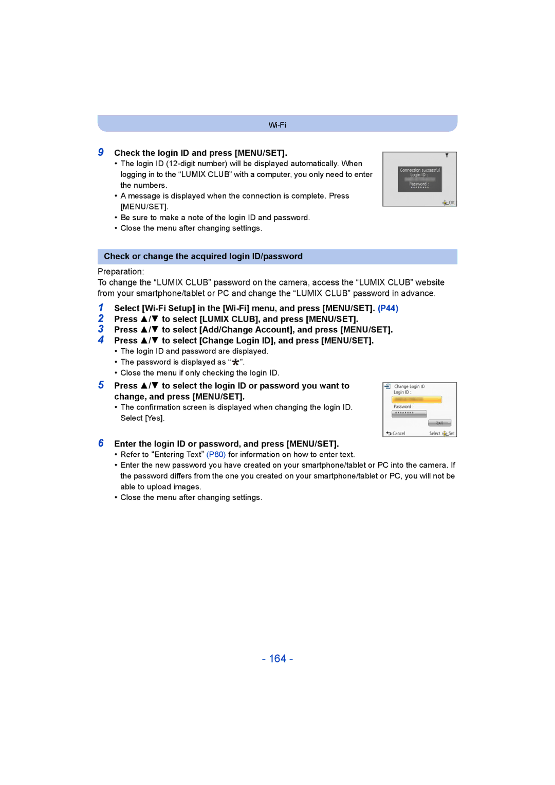 Panasonic DMC-SZ9 164, Check the login ID and press MENU/SET, Check or change the acquired login ID/password, Preparation 