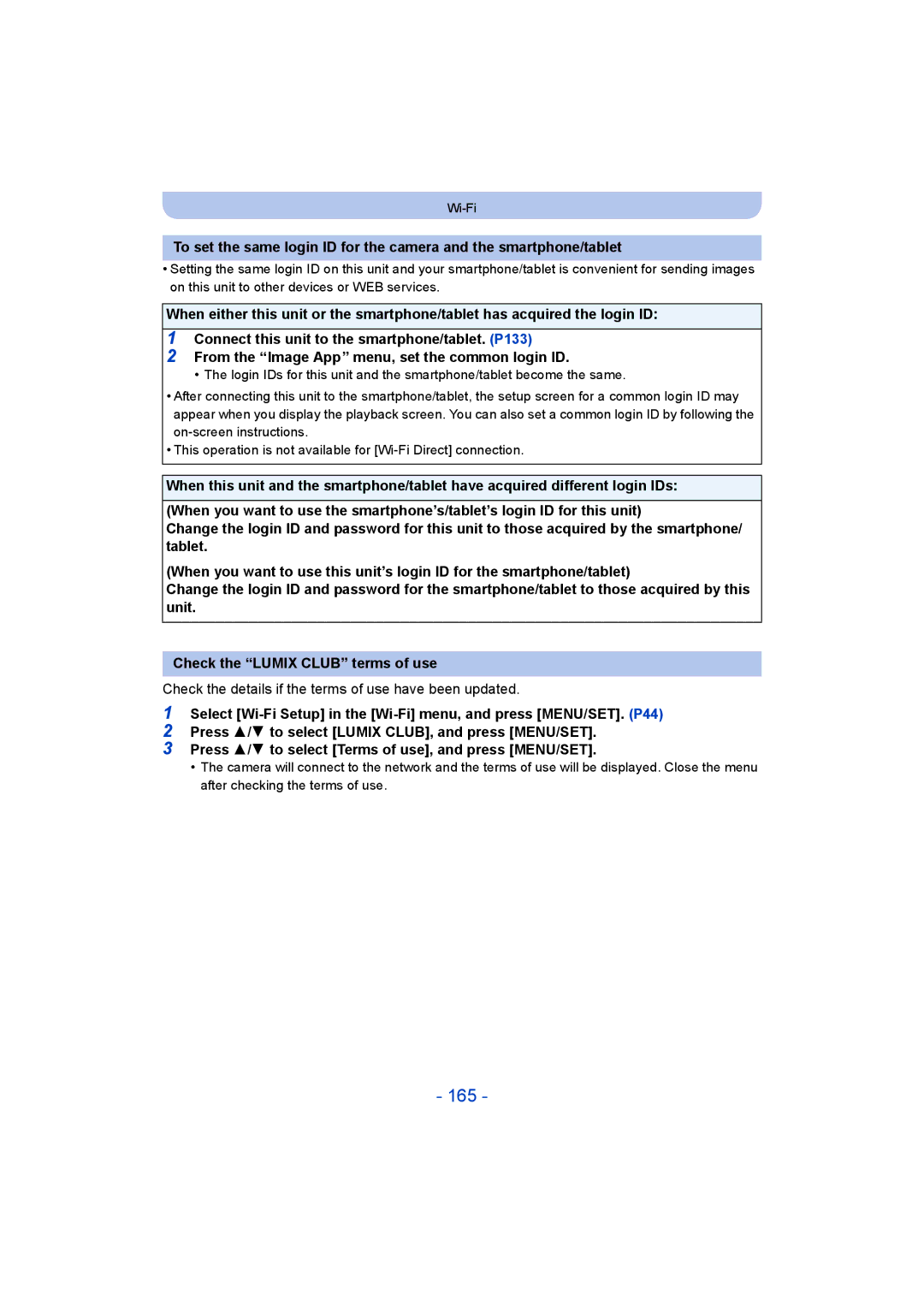 Panasonic DMC-SZ9 manual 165, Check the details if the terms of use have been updated 