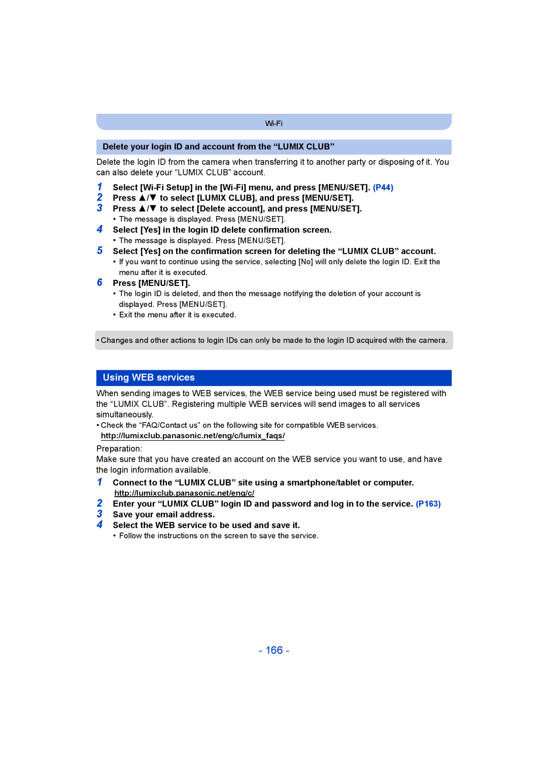 Panasonic DMC-SZ9 manual 166, Using WEB services, Delete your login ID and account from the Lumix Club 