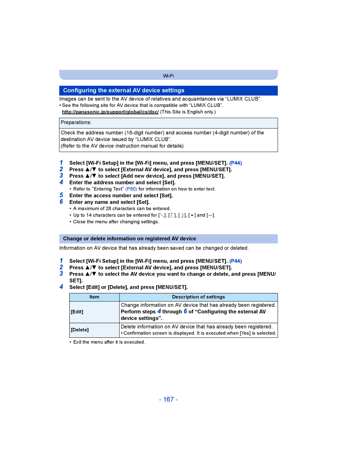 Panasonic DMC-SZ9 167, Configuring the external AV device settings, Change or delete information on registered AV device 