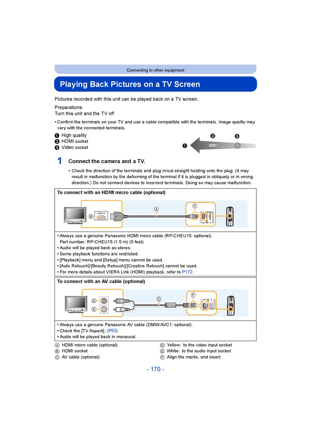 Panasonic DMC-SZ9 manual Playing Back Pictures on a TV Screen, 170, Connect the camera and a TV 