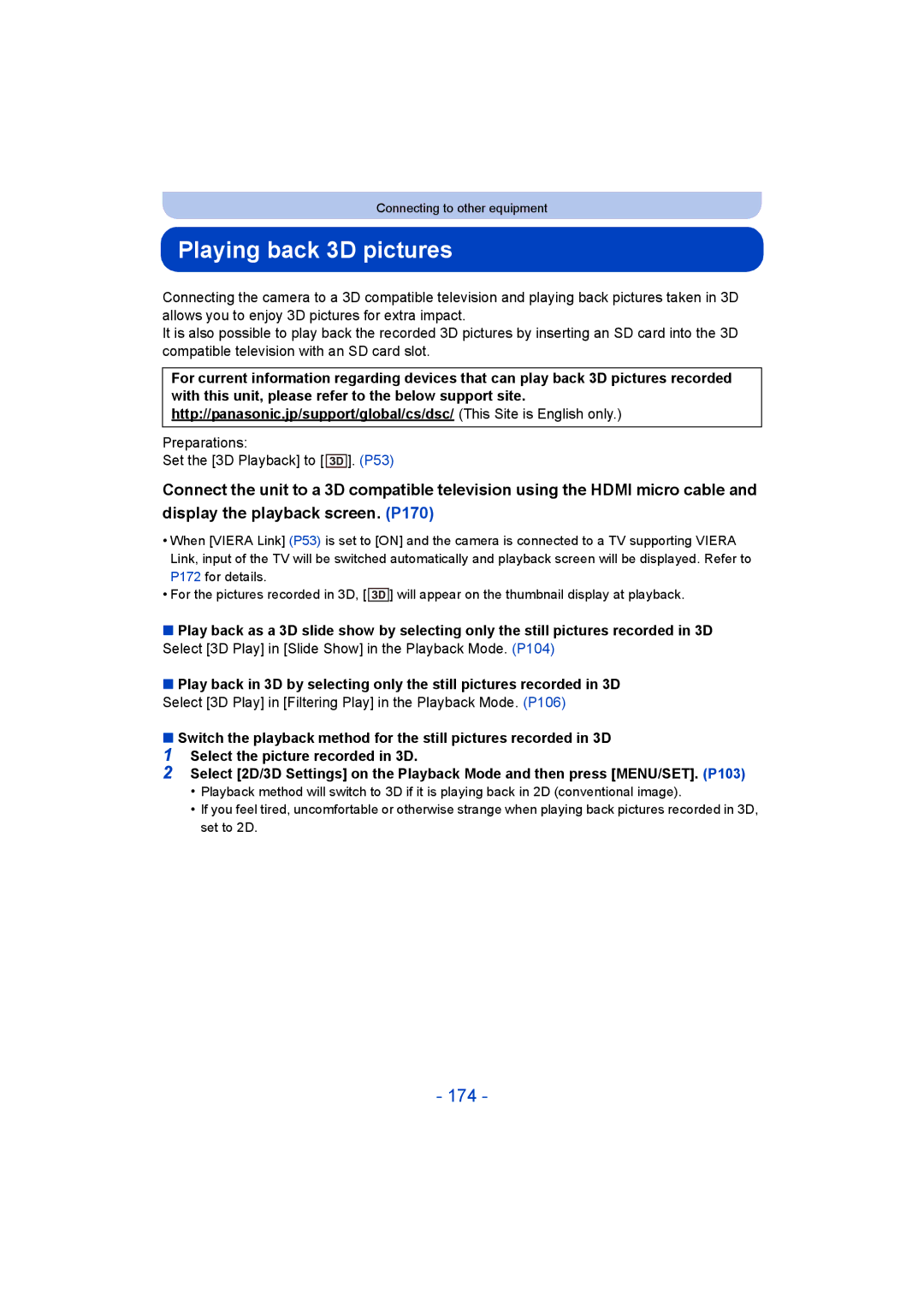 Panasonic DMC-SZ9 manual Playing back 3D pictures, 174, Preparations Set the 3D Playback to . P53 