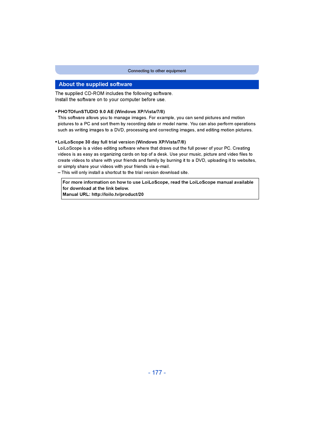 Panasonic DMC-SZ9 manual 177, About the supplied software, PHOTOfunSTUDIO 9.0 AE Windows XP/Vista/7/8 