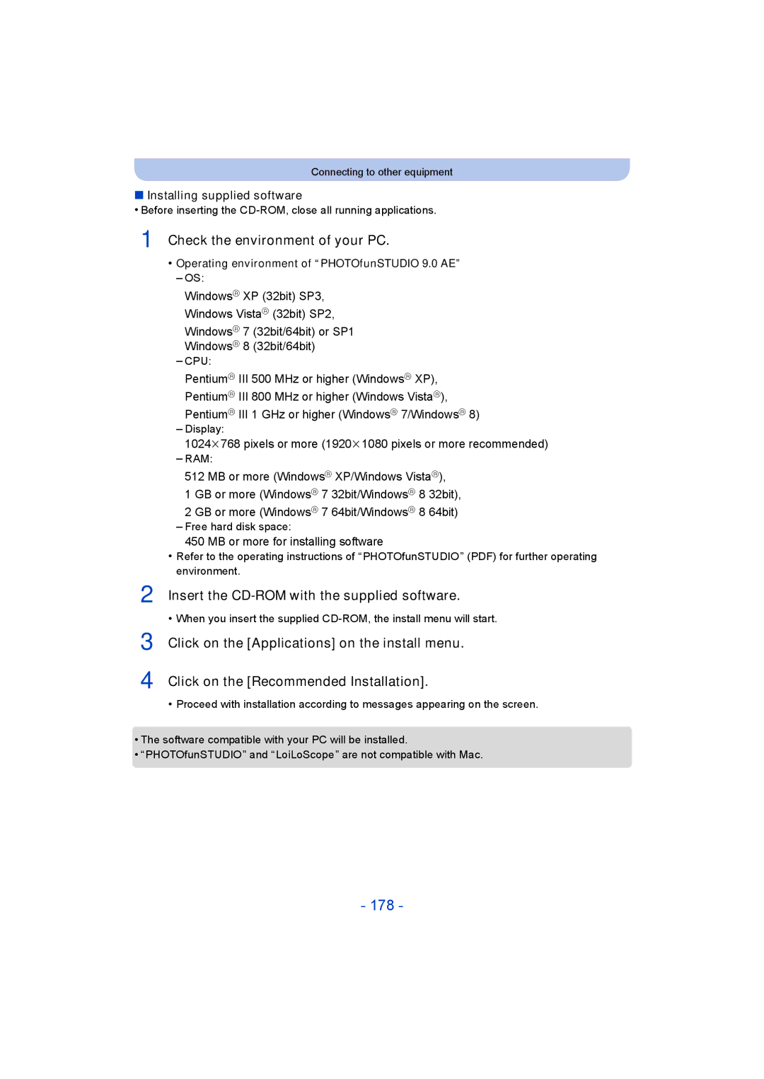 Panasonic DMC-SZ9 manual 178, Check the environment of your PC, Insert the CD-ROM with the supplied software 