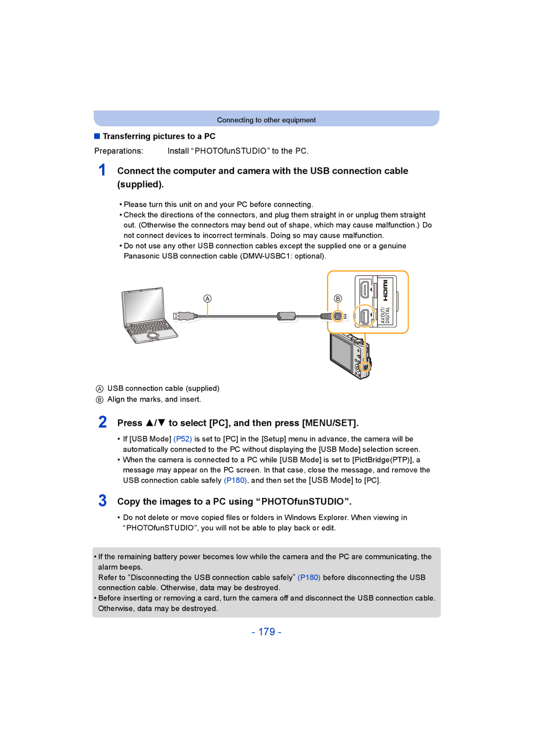 Panasonic DMC-SZ9 manual 179, Press 3/4 to select PC, and then press MENU/SET, Copy the images to a PC using PHOTOfunSTUDIO 