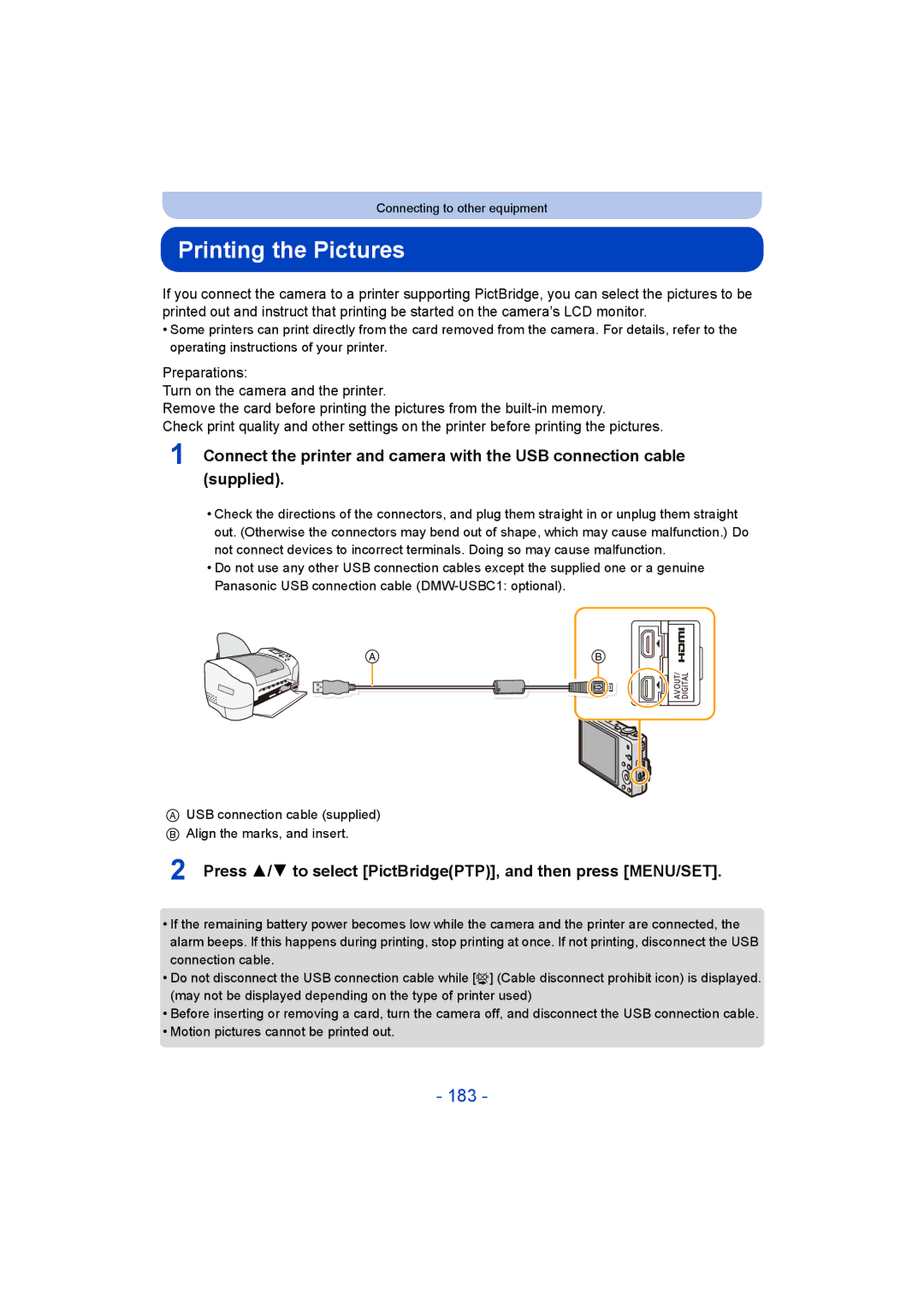 Panasonic DMC-SZ9 manual Printing the Pictures, 183, Press 3/4 to select PictBridgePTP, and then press MENU/SET 