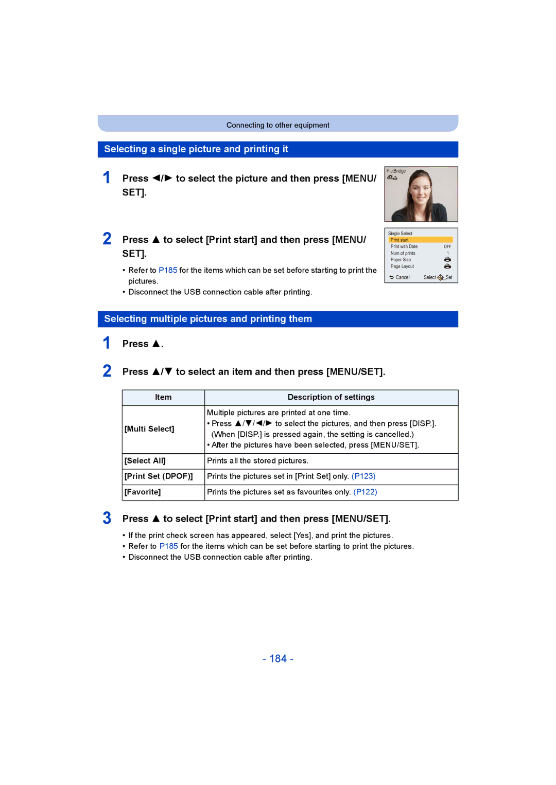 Panasonic DMC-SZ9 manual 184, Selecting a single picture and printing it, Selecting multiple pictures and printing them 